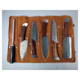Handmade Damascus Steel Kitchen Knife Set, Wood Handle With Leather Sheath And Sharpener Handmade Damascus Steel Kitchen Knife Set, Wood Handle With Leather Sheath And Sharpener