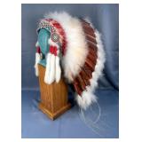 Native American Headdress Replica, On Foam Head And Pedestal Display Stand, Approx 22' x 17' x 16' Native American Headdress Replica, On Foam Head And Pedestal Display Stand, Approx 22' x 17' x 16'