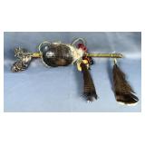 Ceremonial Turtle Shell Rattle With Coyote Fur Trim, Hide Wrapped Handle, And Feather Accents, 29' Ceremonial Turtle Shell Rattle With Coyote Fur Trim, Hide Wrapped Handle, And Feather Accents, 29'