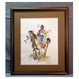 Original Mixed Media Painting Of Native American Warrior On Horseback, Signed 'Hedic', Framed And Ma Original Mixed Media Painting Of Native American Warrior On Horseback, Signed 'Hedic', Framed And Ma