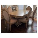 Pedestal Dining Table With Six Upholstered Dining Chairs, Includes 2 Leaves, 31" x 45" x 