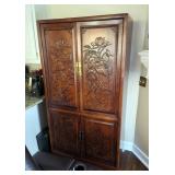  Solid Wood Entertainment Armoire With Floral Carved Accents, 74" x 40" x 20"