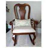 Rocking Chair With Upholstered Seat Cushion, Including Satin Fringed Throw Pillow, Approx 44" x 21.5