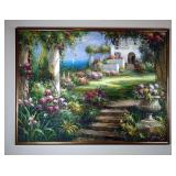 Framed Painting Of Flower Garden On Canvas, 49.25" x 37.5"