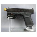 Austria Glock 19 Gen 5 9x19 Cal Pistol SN# CBPA087, Gold Tone Accents, Baldr Olight Flashlight/Green