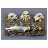 Bald Eagle Themed Fixed Blade Knife, 7.75" Trailing Point Blade, On Dimensional Resin Wall Display W