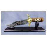 Sczo Supplies Twin Deer Bowie Knife, With Deer Images On Handle And 6.75" Blade, On Wood Display Sta