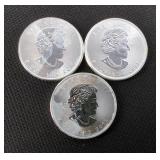2015 Canada $5 Maple Leaf Silver Coins, Qty 3, Each Is 1 oz .9999 Fine Silver