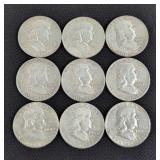 Silver Franklin Half Dollars, Qty 9, Years Range 1957-1963