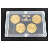 Gold Plated Hawaiian Token Souvenirs, Qty 4, In Display Case