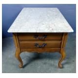 Bassett Furniture Single Drawer Side Table With Marble Top and Cabriole Legs, Approx 23" x 22.5" x 3