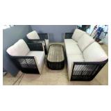 Outdoor Interiors "The Resort Collection" Black Rope And Teak Sofa, Two Swivel Chairs And Coffee Tab