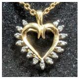 10K Gold And Diamond Heart Pendant On Adjustable Length Chain, 15" To 19" 
