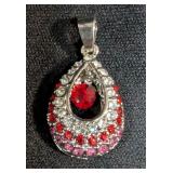 ear Drop Pendant With Center Stone And Rows Of Clear, Pink And Red Rhinestones 