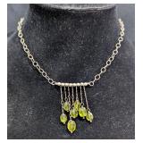 Silver Fringe Necklace With Cascading Green Stones, 15"