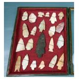 Stone Arrowheads In Glass Topped Display Box, 14" x 10.5" 