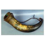 Antique Powder Horn With Painted Images And Leather Strap