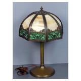  Slag Glass Table Lamp With Metal Overlay Shade, Approx 22" x 13.5", Powers On 