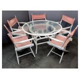 Round Glass Top Patio Table, 28" x 43", And Director Chairs, Qty 5, 33" x 24" x 16"