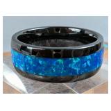 Blue Opal Inlay Ceramic Ring, Marked 