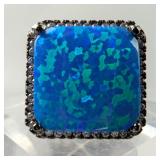 Sterling Silver And Polished Blue Opal Ring, 925 Silver, Size 8 