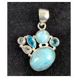 Sterling Silver, Larimar Cabochon, And Moonstone And Light Blue Topaz Gemstone Pendant In Floating D