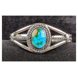 Sterling Silver And Sonoran Gold Turquoise Cabochon Bangle Bracelet, 925 Silver, Artist Signed "AB",
