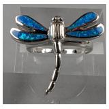  Sterling Silver And Polished Blue Opal Ring With Dragonfly Design, 925 Silver, Size 7