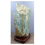 Large Aquamarine Mineral Specimen On Wood Base, 32" Tall