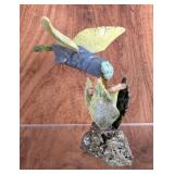 Multi Stone Hummingbird Sculpture And Flower On Pyrite Mineral Specimen, 5" Tall 