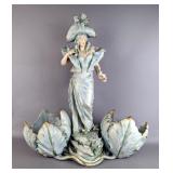urn-Teplitz Bohemian RStK Porcelain Statue Of Lady In Standing Flowers, Made In Austria, 21.25" Tall