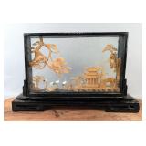 Chinese Fuzhou Style Carved Cork Art Sculpture In Glass Display Box, Featuring Trees, Cranes, Chines