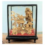  Chinese Fuzhou Style Carved Cork Art Sculpture In Glass Display Box, Featuring Trees, Cranes, Chine