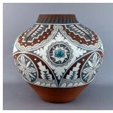 Native American Indian Jemez Pueblo Pottery Vase With Turquoise Stones, Artist Marked "Mary Small", 