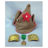 Soviet Union Budyonovka Cavalry Hat, Brass Soviet Belt Buckles, Eastern Peoples Medal