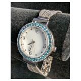 Gold Coast Womens Blue Crystal Accented Bezel Watch With Mesh Textured Band