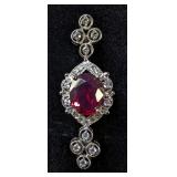 Platinum Plated Ruby Pin/Brooch With Diamond/Moissanite Accents, Tested Using Presidium Gem Tester I