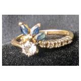  Womens 14K Gold Marquise-Cut Blue Sapphires Around Diamond Center Stone, Sz 6.5, Tested Using Presi