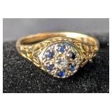 Womens Gold Filigree Cluster Diamond With Sapphires Ring, Sz 7, Tested Using Presidium Gem Tester An