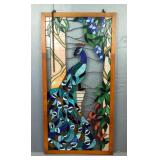 Stained Glass Peacock Panel In Wooden Frame, Approx 40.25' x 20.25' 