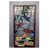 Stained Glass Dragonfly And Water Lily Framed Panel, Approx 40.5' x 20.5' 