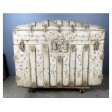 Steamer Trunk With Floral Accents And Hand Fan Attached to Lid