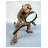 Brass Monkey Statue Holding Magnifying Glass, 7.5' Tall 