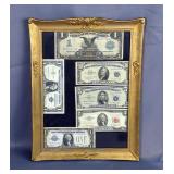 Framed US Silver Certificates, Includes Black Eagle Note, $2 Red Seal, $10 Blue Seal, $5 Blue Seal, 