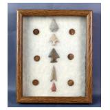 Indian Head Cents, Qty 6 And Arrowheads, Framed 