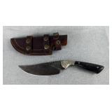 Peterson Damascus Steel Skinning Knife, 5.5' Blade, With Leather Sheath