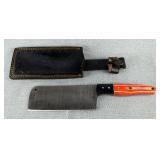Damascus Steel 6' Cleaver Knife With Wood Handle And Leather Sheath