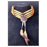Native American Style Chocker Necklace With Shell And Fur Accents, Approx 2' x 20'