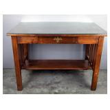 Library Table With Glass Top, Single Drawer And Lower Shelf