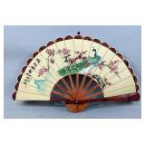 Hand Painted Chinese Folding Fan With Watercolor Peacock And Cherry Blossom Design, 16' x 28'